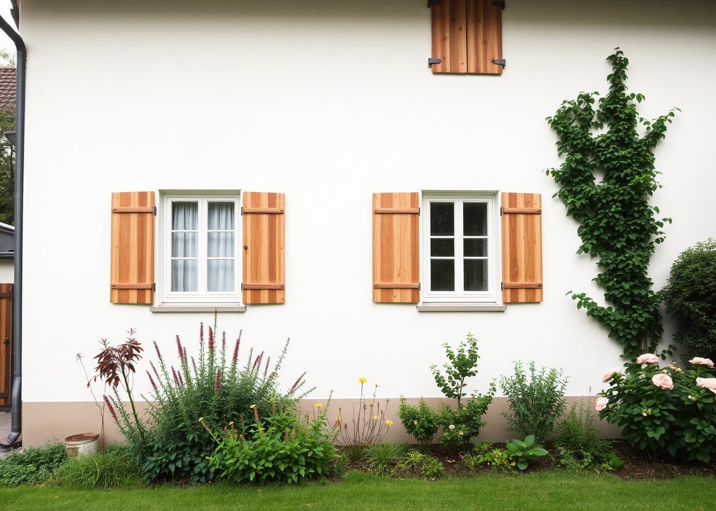 Frisch gestrichene Fassade eines Einfamilienhauses mit Holzläden