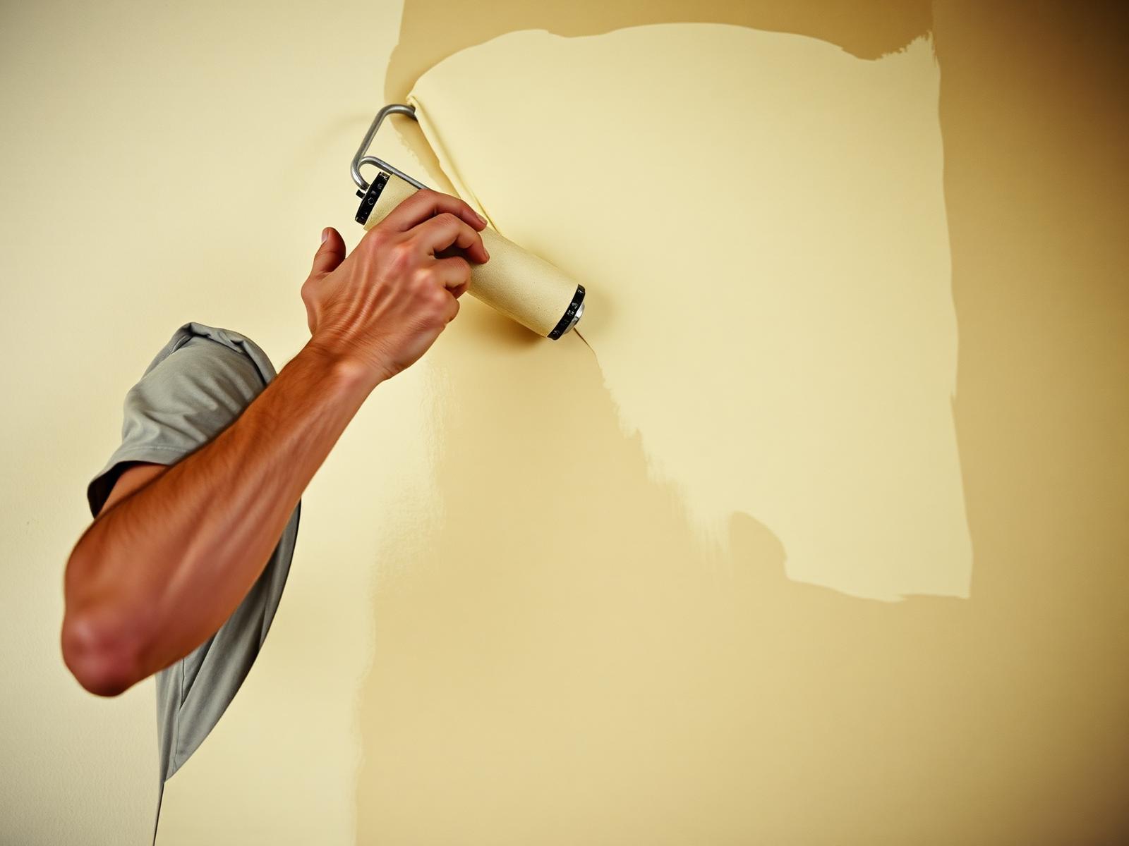 Maler streicht eine Wand mit warmem Cremeton